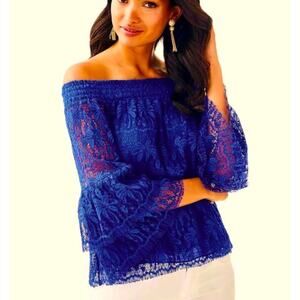 S Lilly Pulitzer Off the Shoulder Blue Lace Blouse